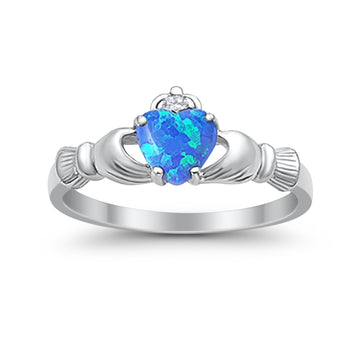 Heart Shape Lab Created Blue Opal Claddagh Wedding Ring 925 Sterling Silver